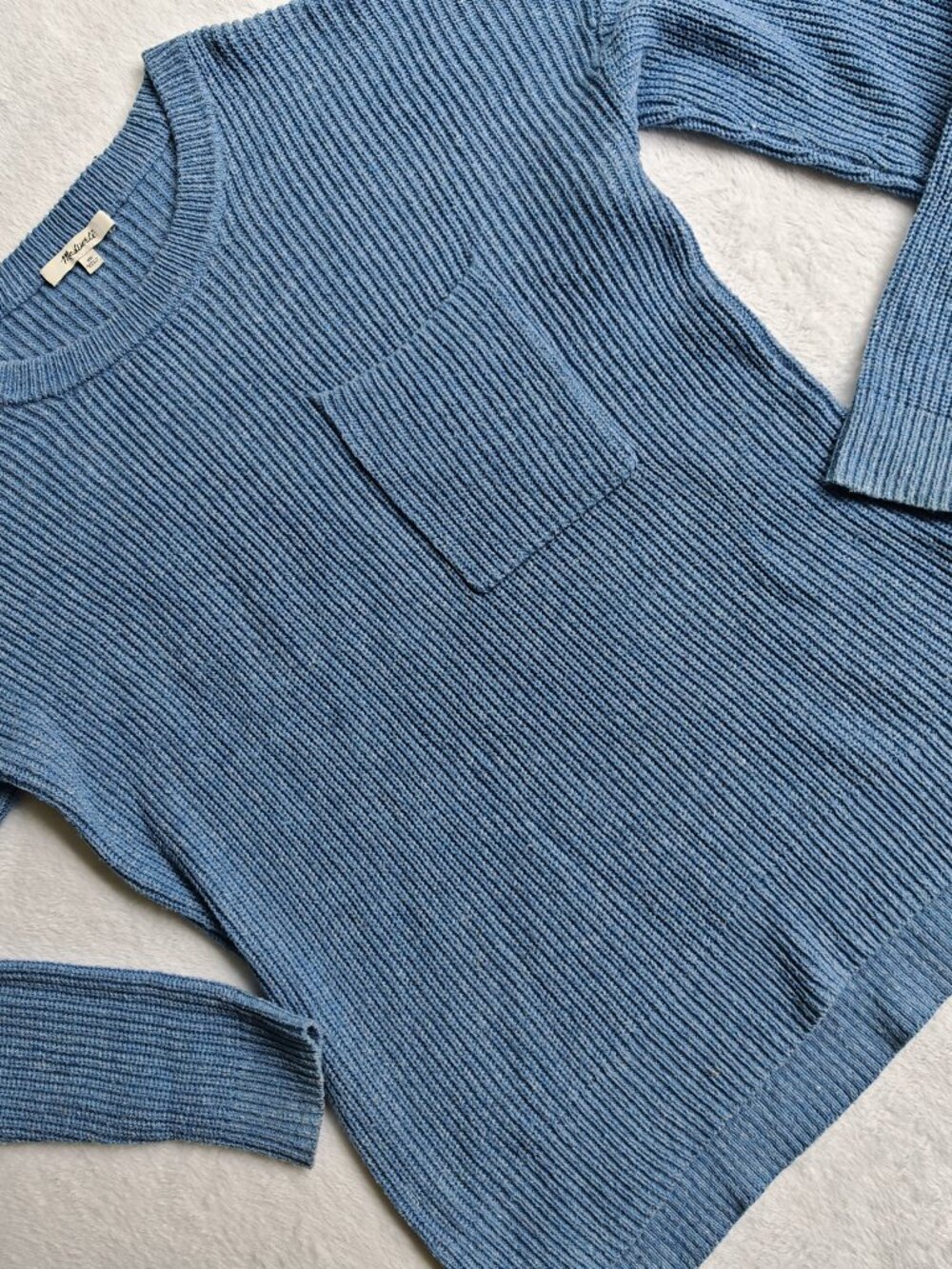 Madewell Blue Ribbed Knit Sweater XS Crewneck Pocket Soft Cozy Aesthetic Minimal - Picture 3 of 9